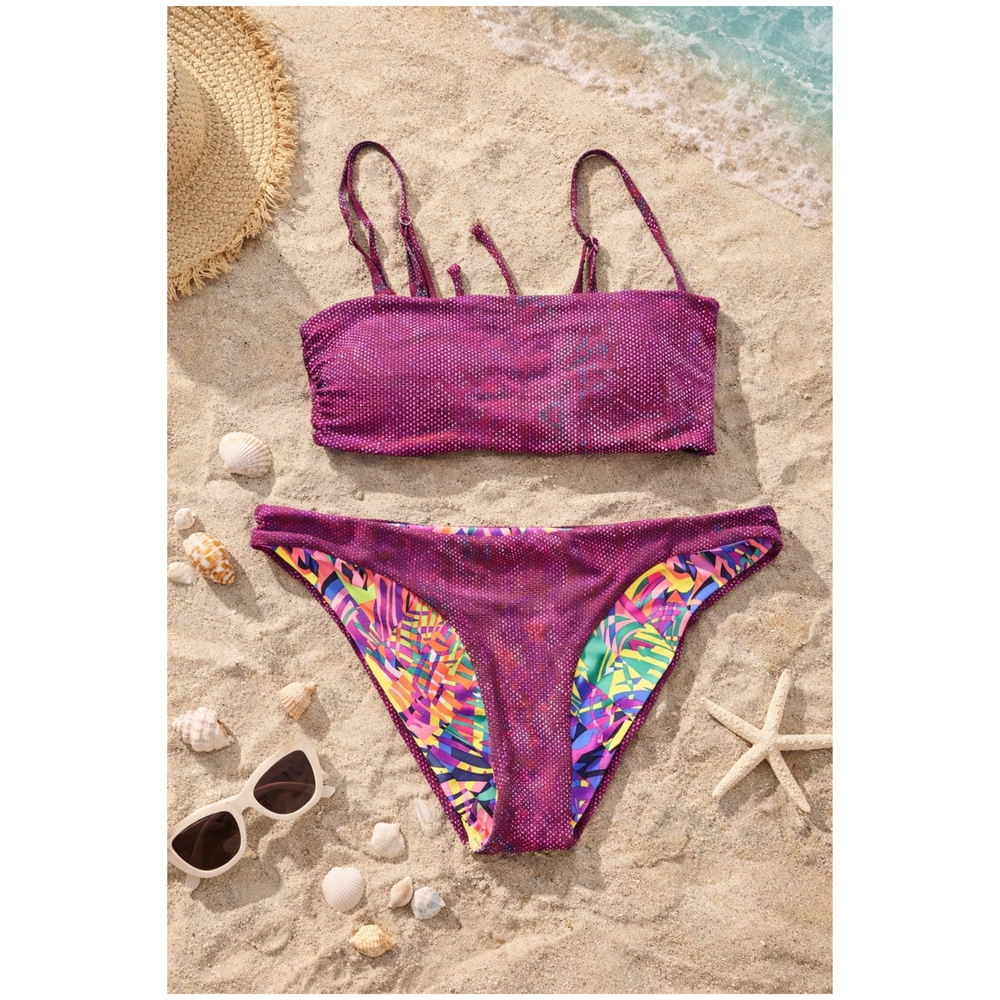 Maaji, Bryn Purple Mixed Tropical Print Reversible Bandeau Bikini Set, NWT